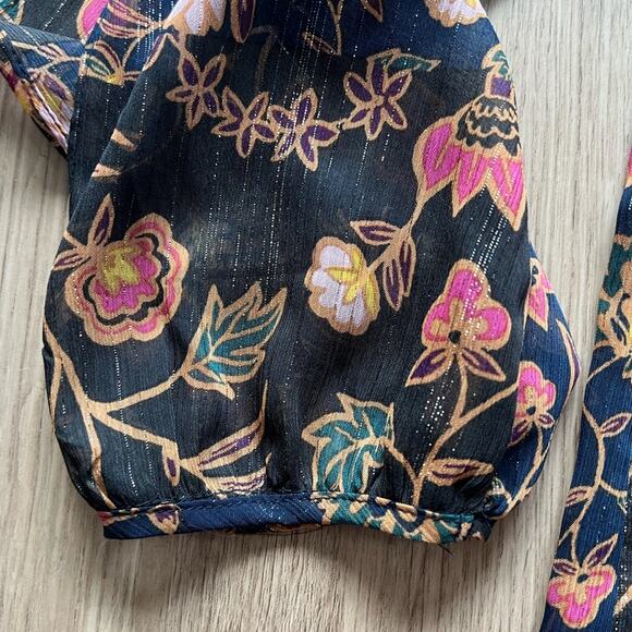 BCBGeneration Navy Blue/Black Metallic Floral Dress, Size Large, Mini Longsleeve - Picture 5 of 11